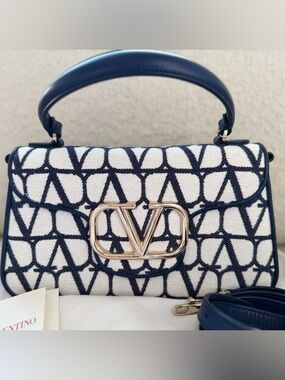 Valentino Garavani Iconographe Locó Navy and Ivory VLogo Top Handle Satchel